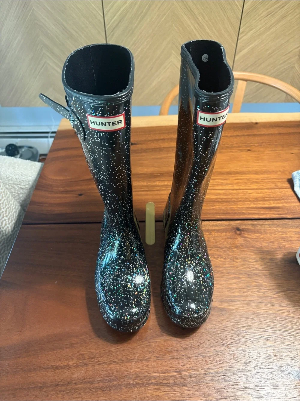 Hunter Kids Black Glitter Tall Rain Boots with Multicolor Sparkle
